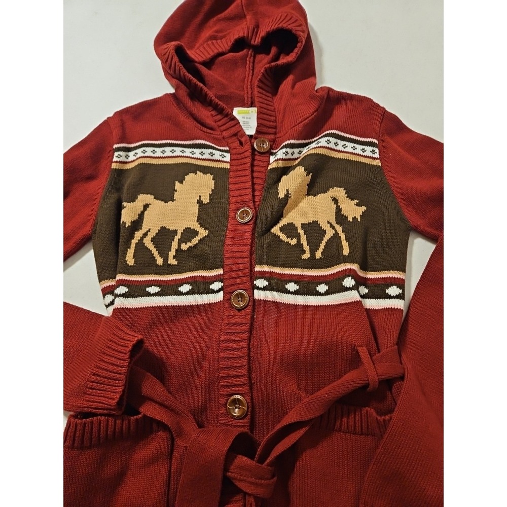 Men's Hooded Button-Front Sweater with Horse Motif — Red - Picture 3 of 6